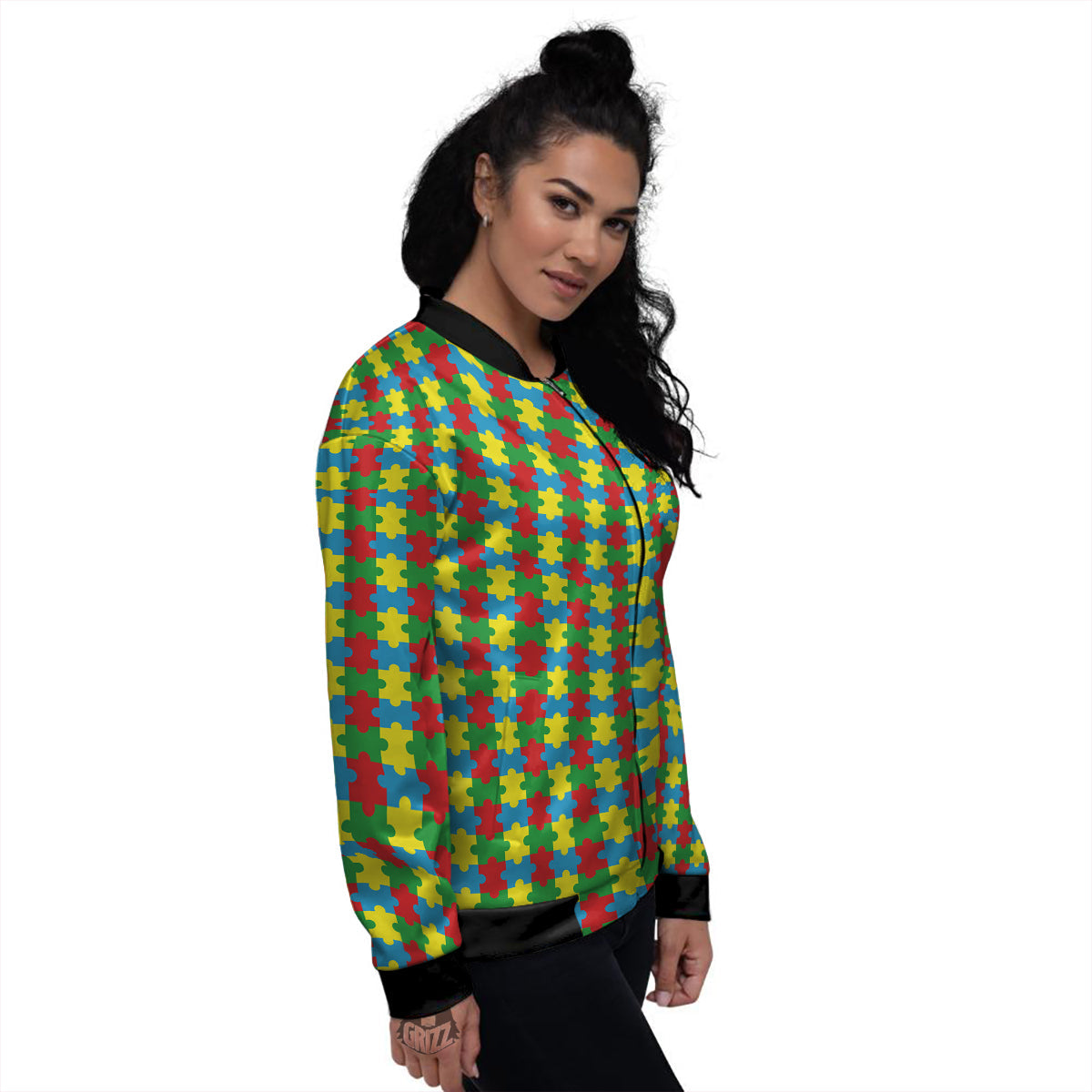 Puzzle Autism Awareness Print Pattern Women's Bomber Jacket-grizzshop