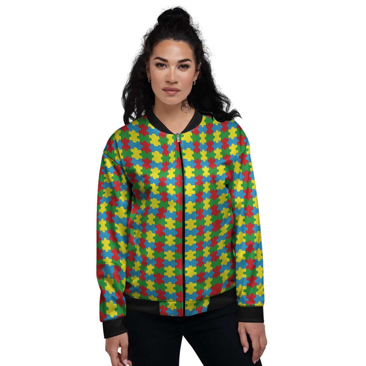 Puzzle Autism Awareness Print Pattern Women's Bomber Jacket-grizzshop
