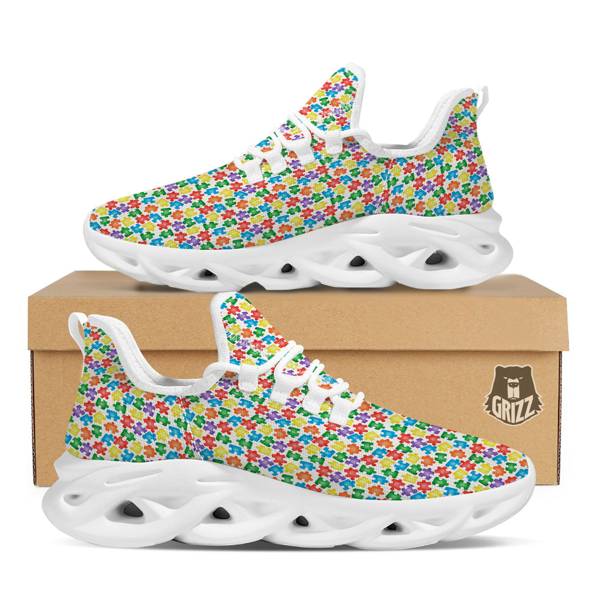 Puzzle Autism Awareness Print White Running Shoes-grizzshop