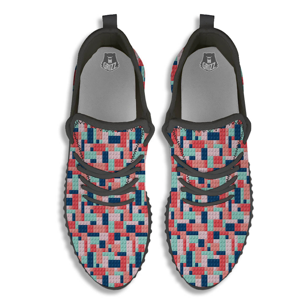 Puzzle Game Colorful Block Print Pattern Black Walking Shoes-grizzshop