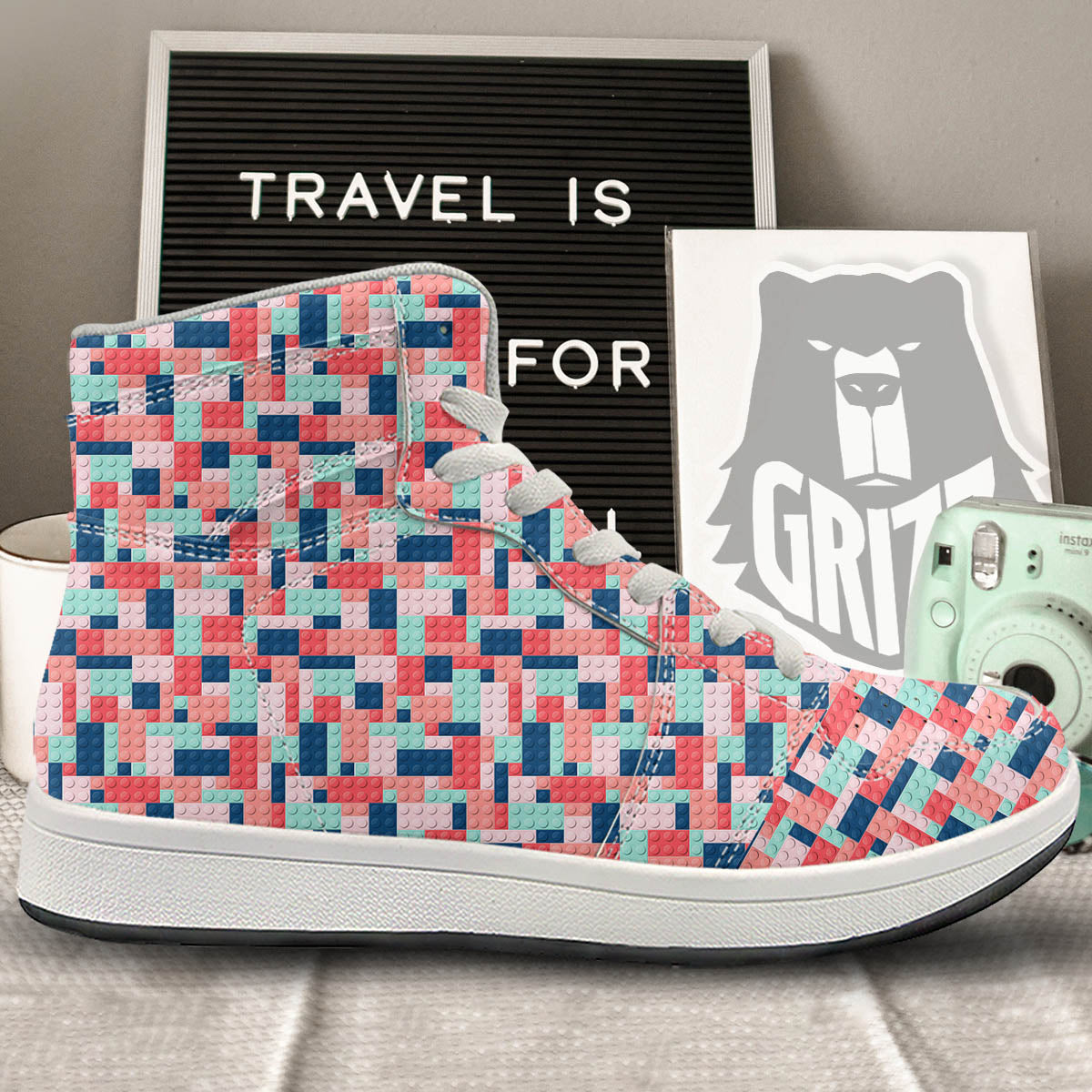 Puzzle Game Colorful Block Print Pattern High Top Sneakers-grizzshop