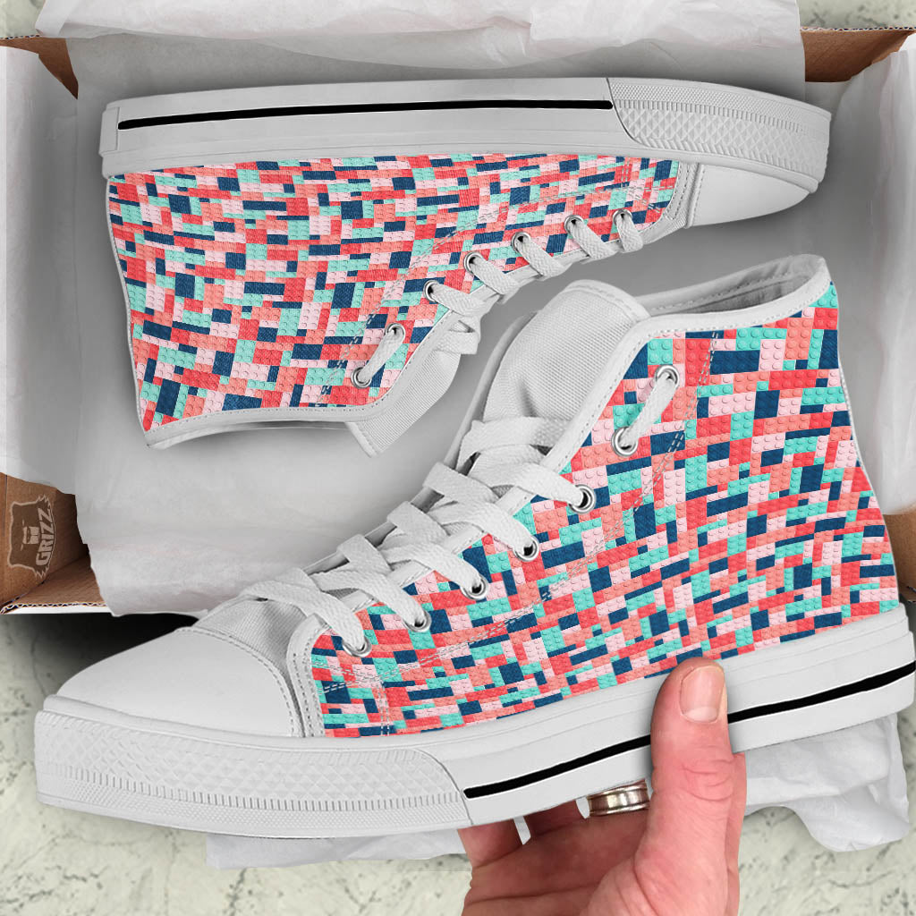 Puzzle Game Colorful Block Print Pattern White High Top Shoes-grizzshop
