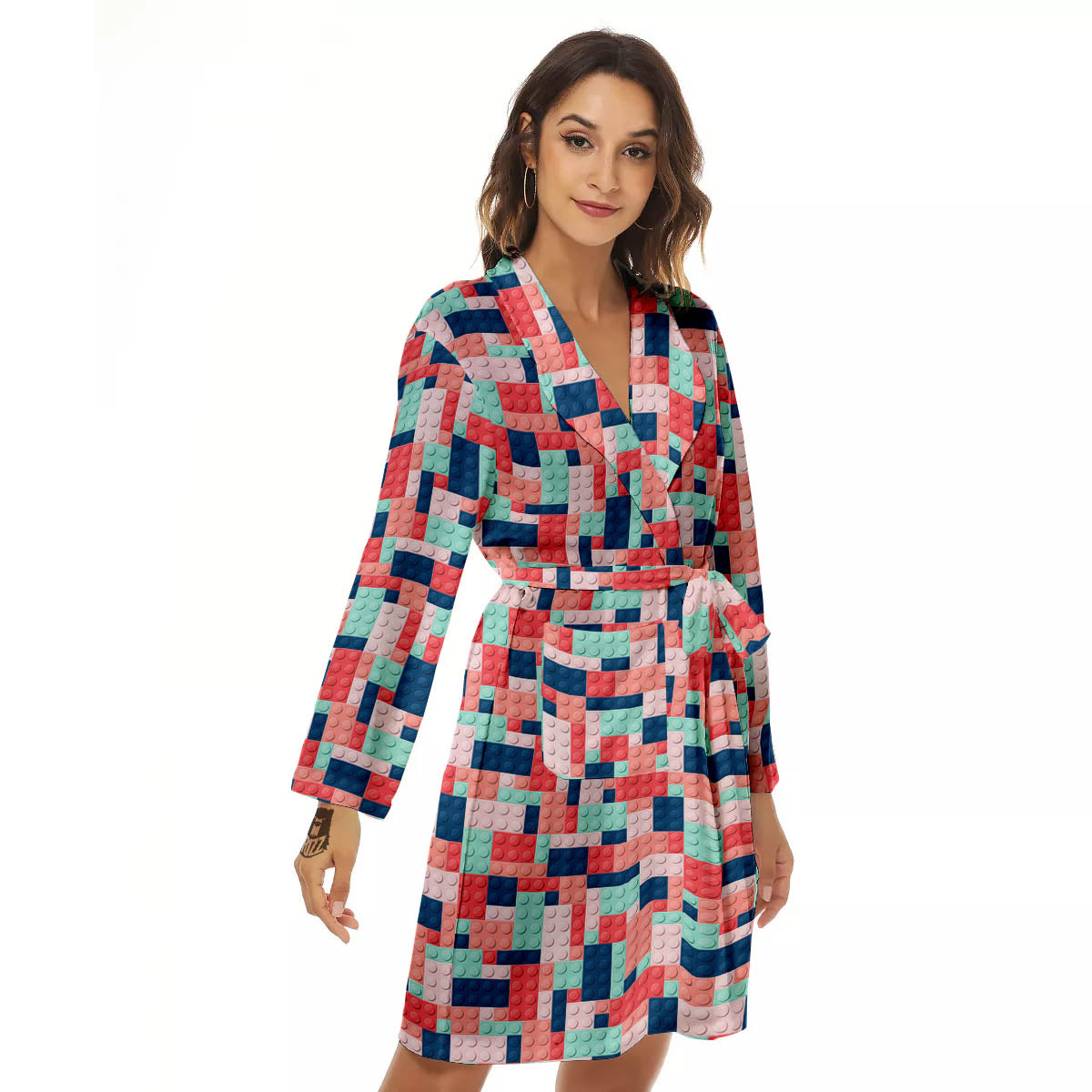 Puzzle Game Colorful Block Print Pattern Women's Robe-grizzshop