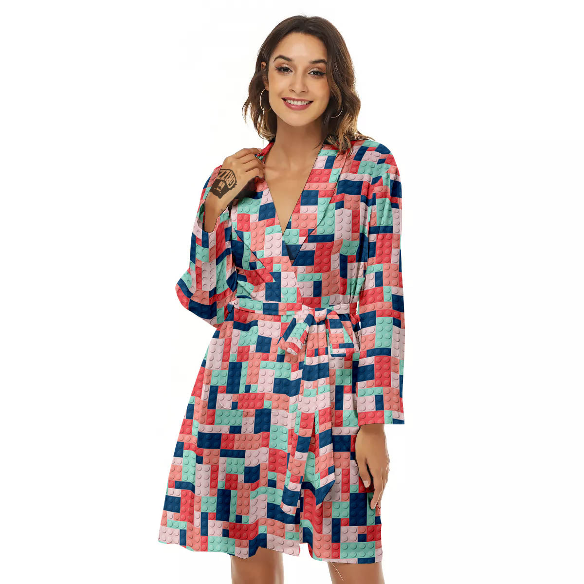 Puzzle Game Colorful Block Print Pattern Women's Robe-grizzshop