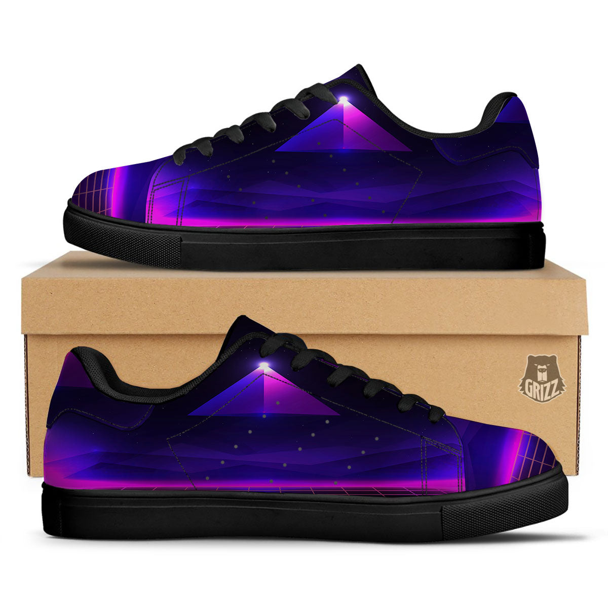 Pyramid Cloud Purple Print Black Low Top Sneakers-grizzshop