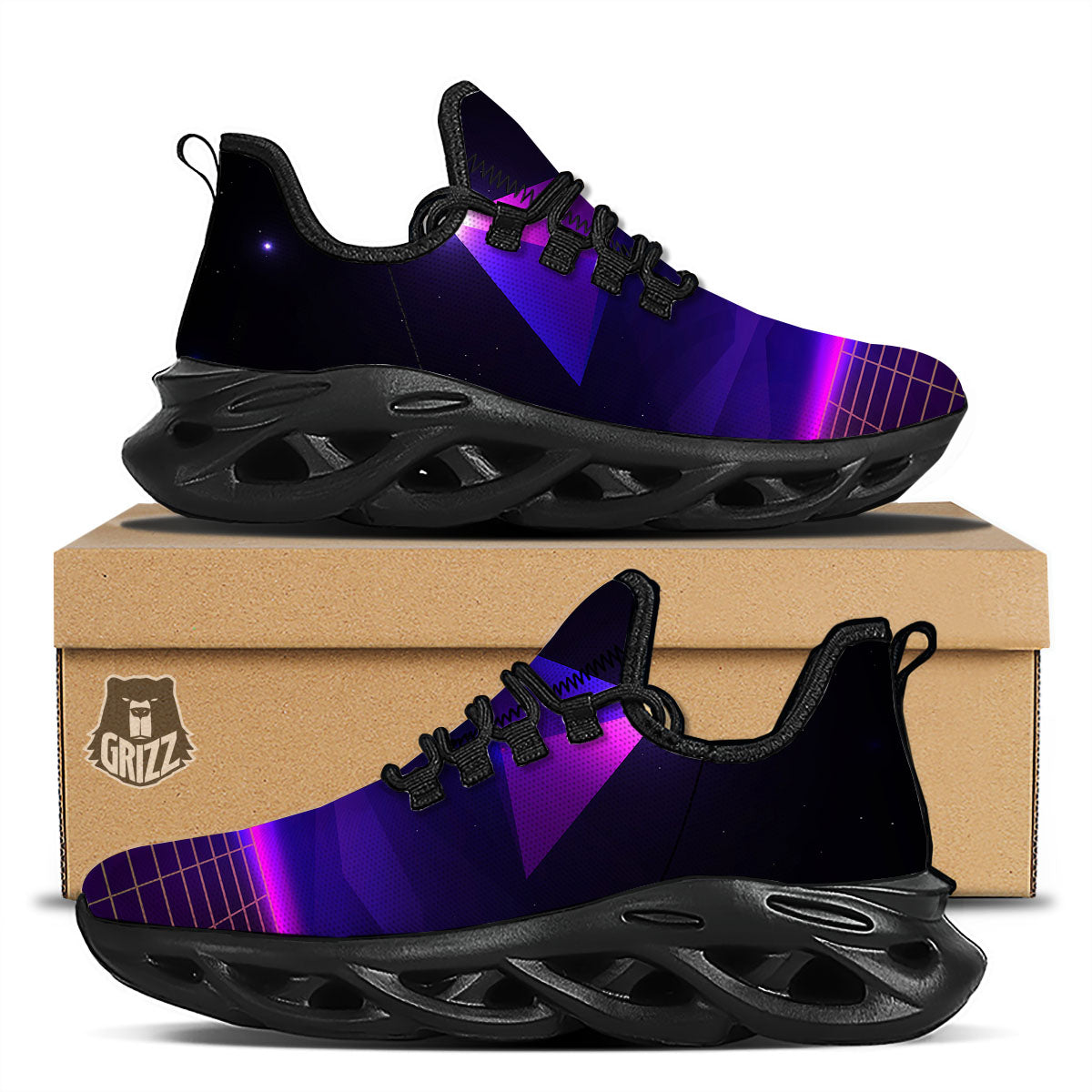 Pyramid Cloud Purple Print Black Running Shoes-grizzshop