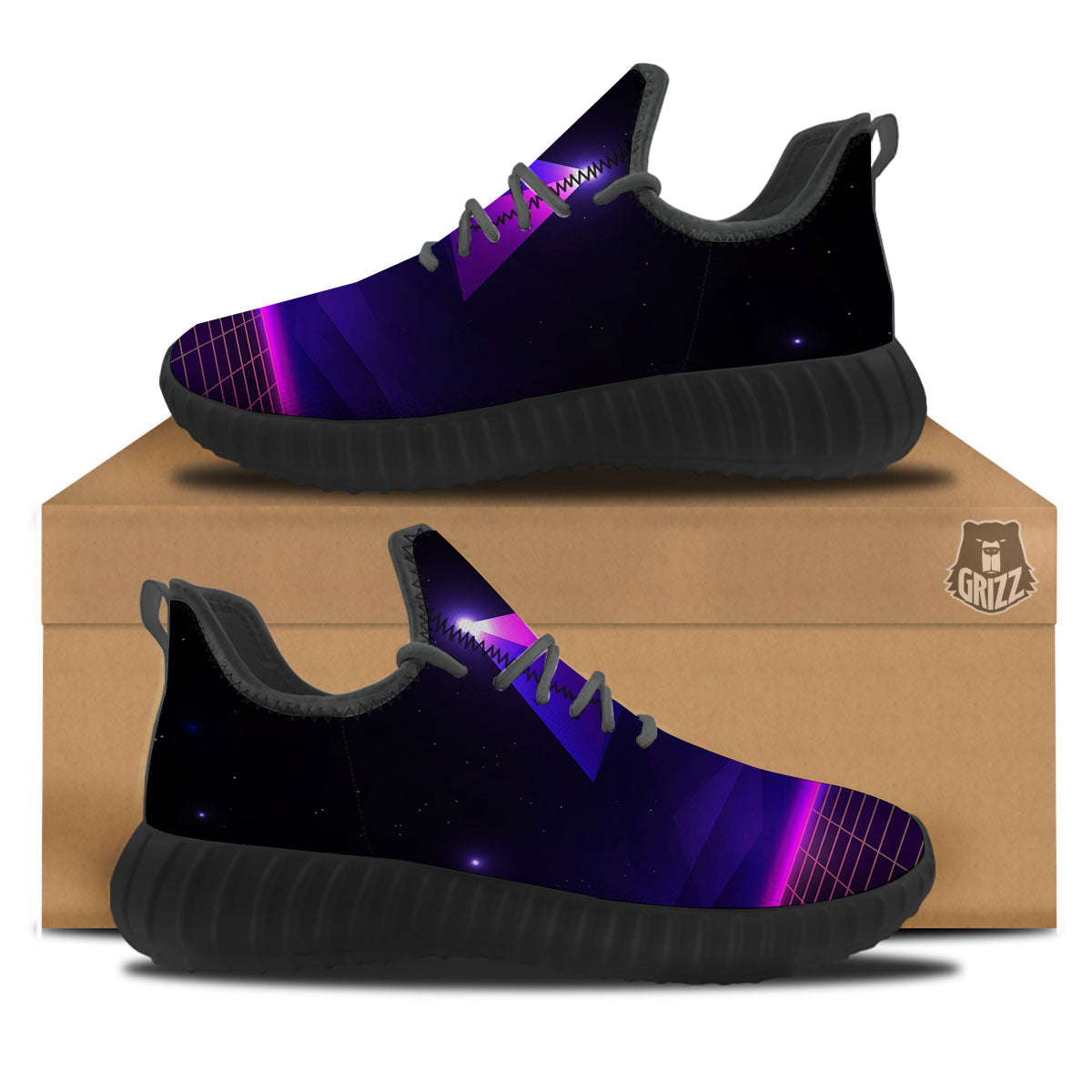 Pyramid Cloud Purple Print Black Walking Shoes-grizzshop