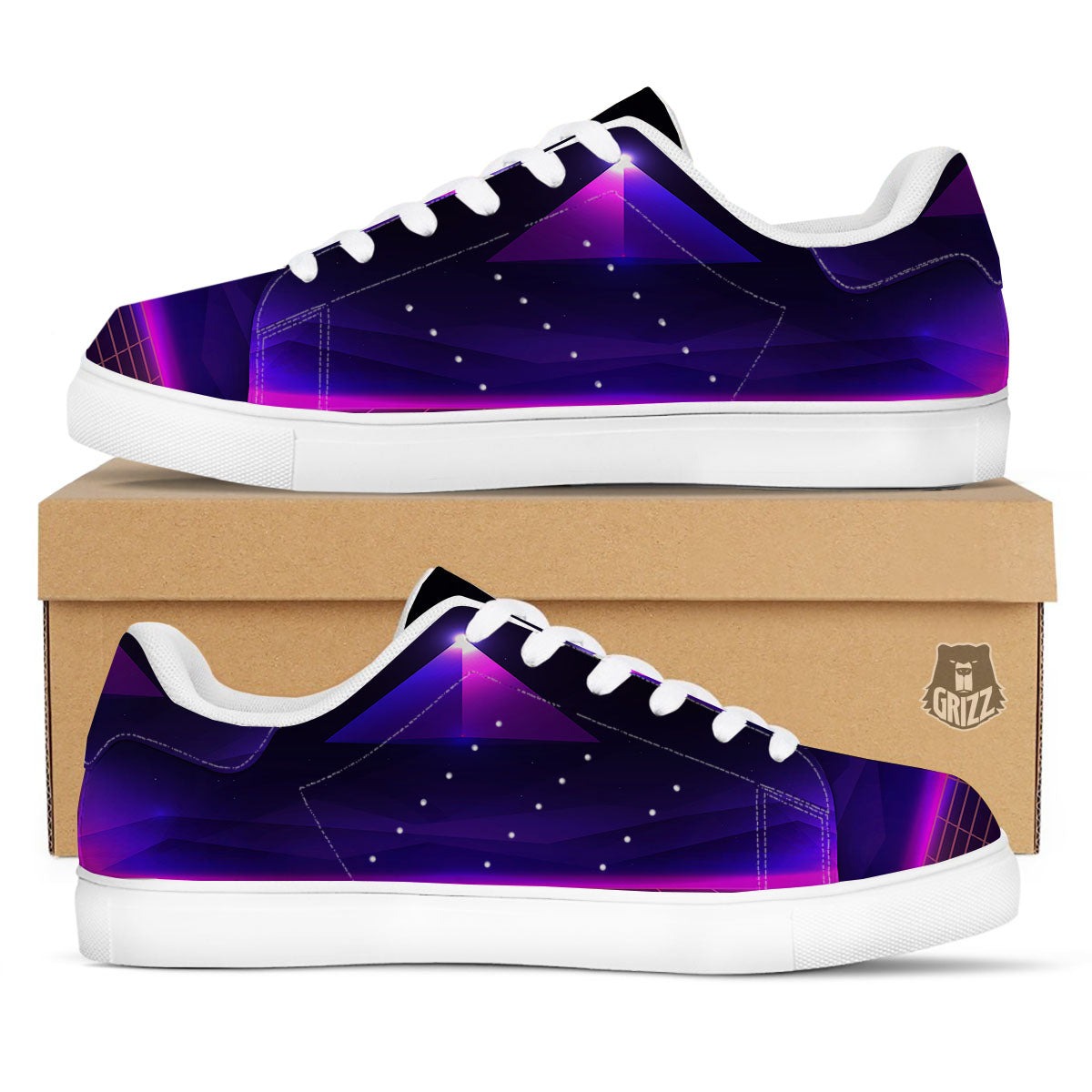 Pyramid Cloud Purple Print White Low Top Sneakers-grizzshop