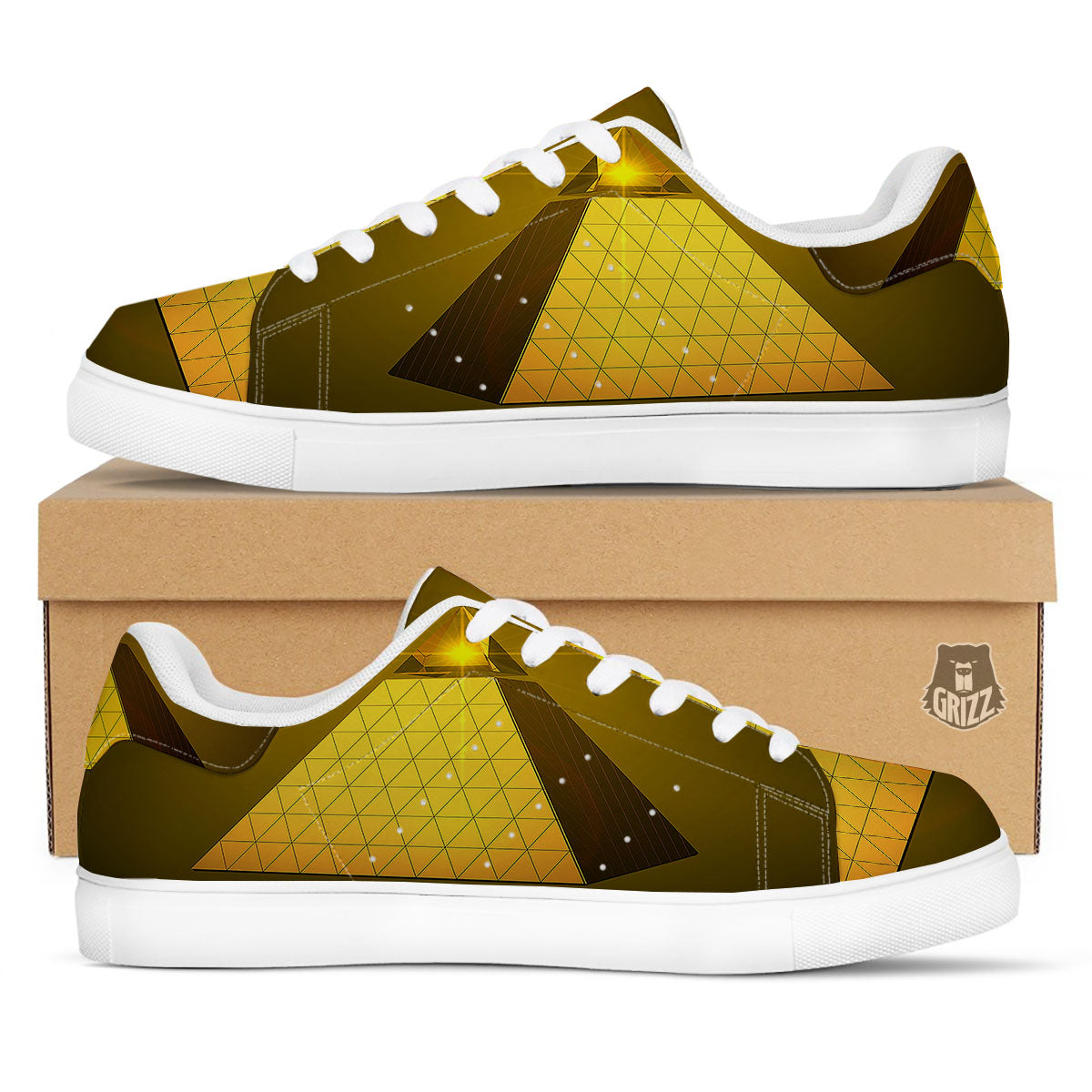 Pyramid Golden Print White Low Top Sneakers-grizzshop