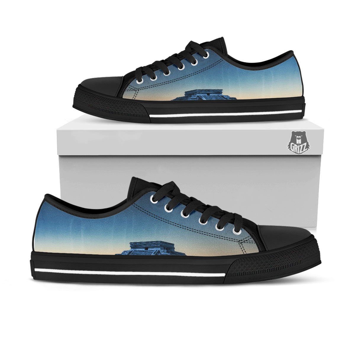 Pyramid Mayan Print Black Low Top Shoes-grizzshop