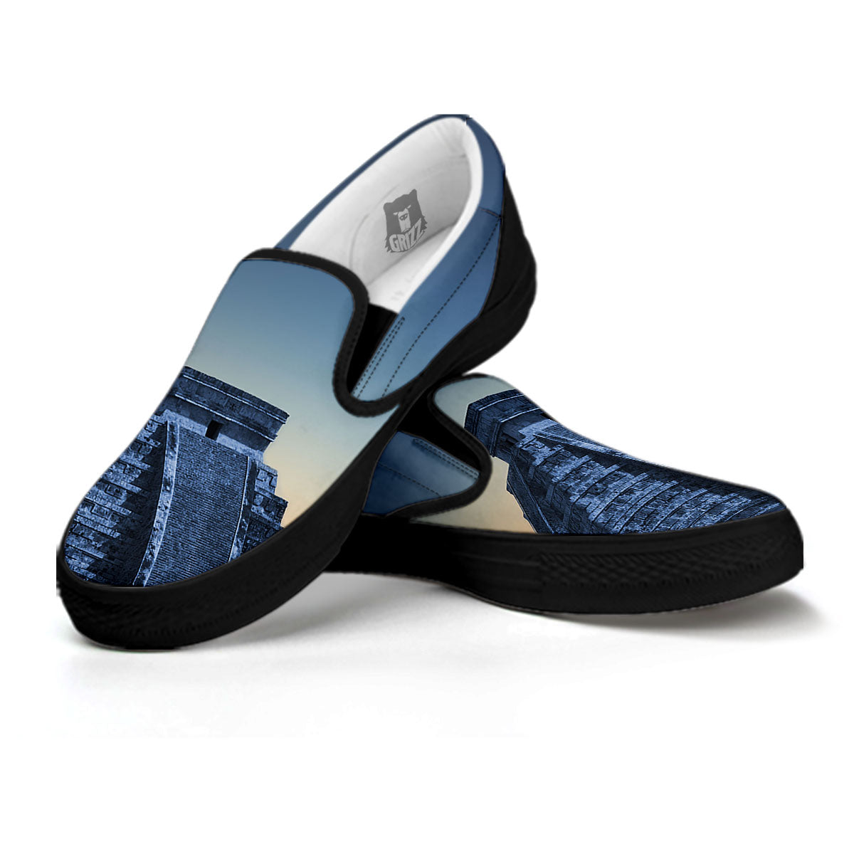 Pyramid Mayan Print Black Slip On Shoes-grizzshop