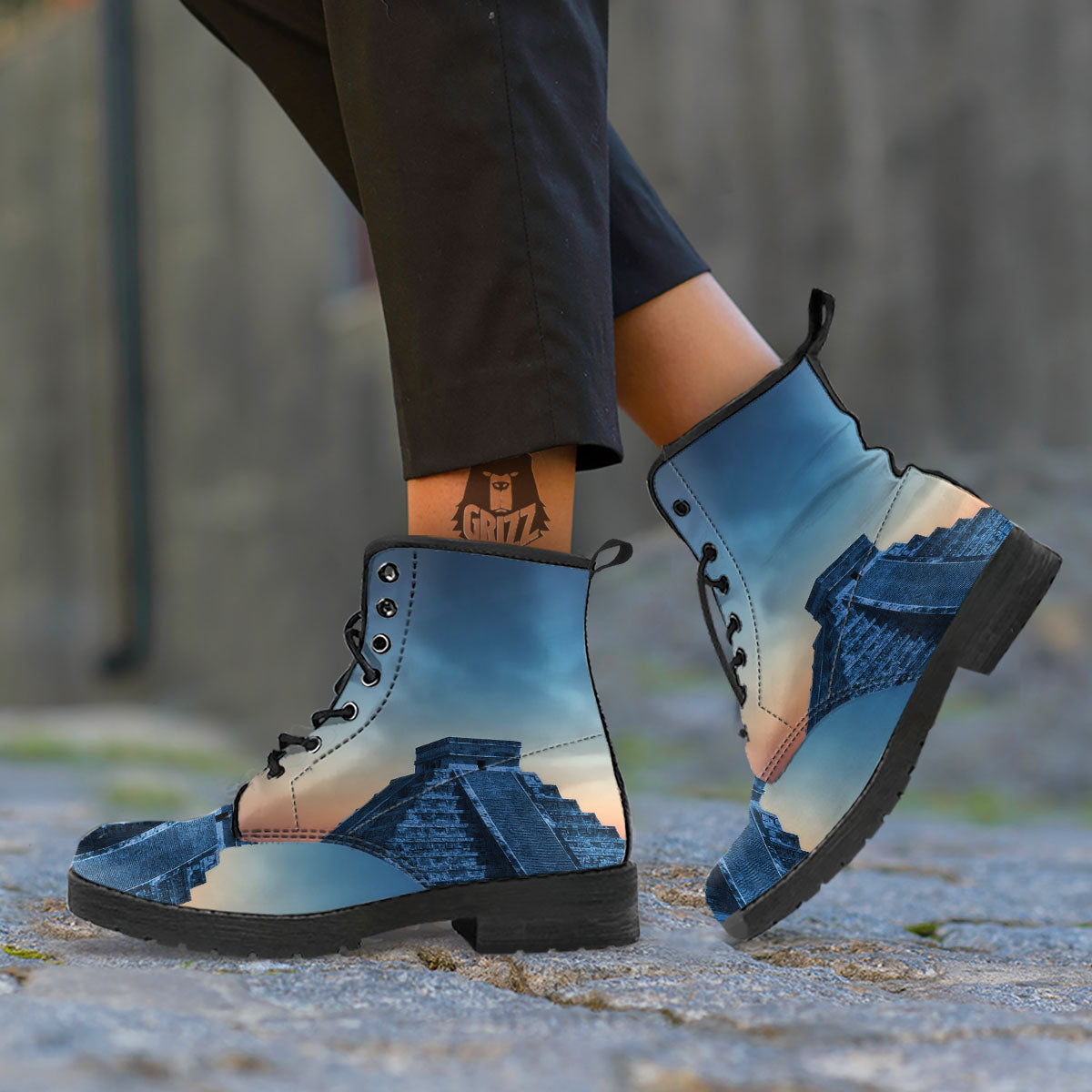 Pyramid Mayan Print Leather Boots-grizzshop
