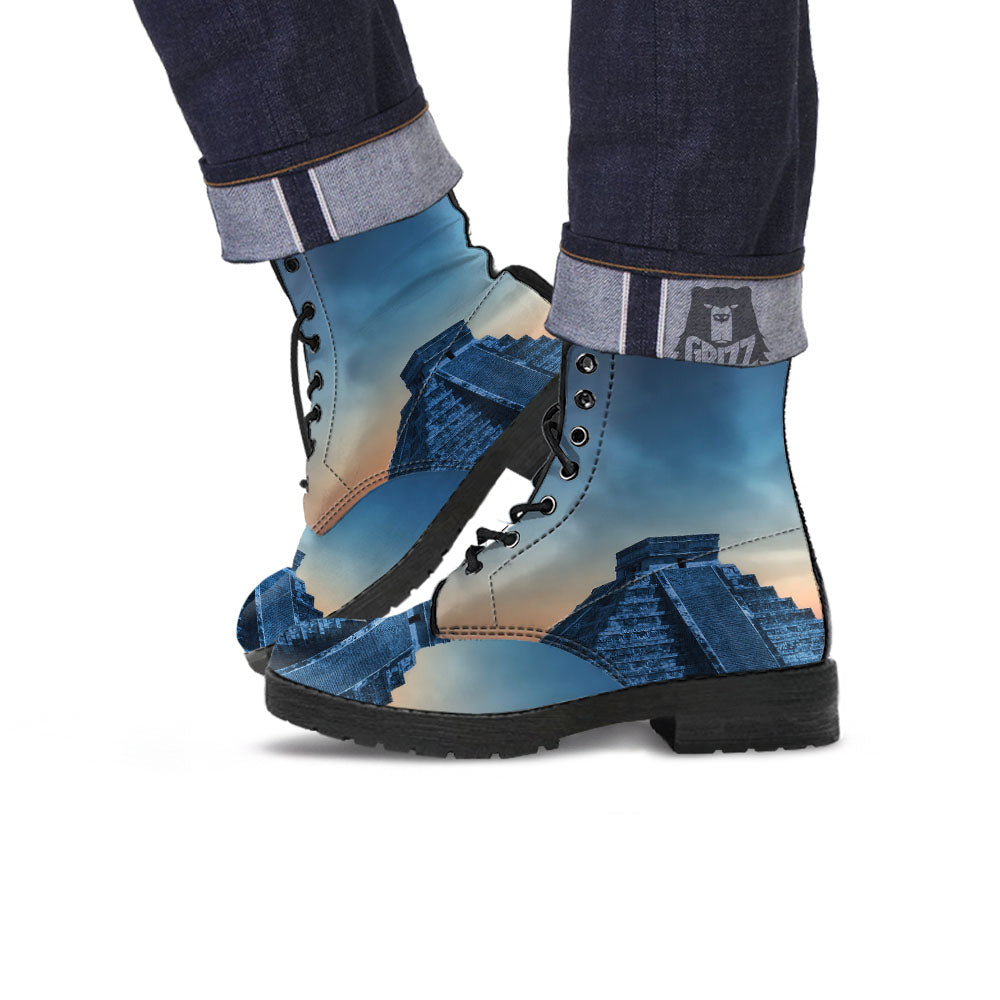 Pyramid Mayan Print Leather Boots-grizzshop