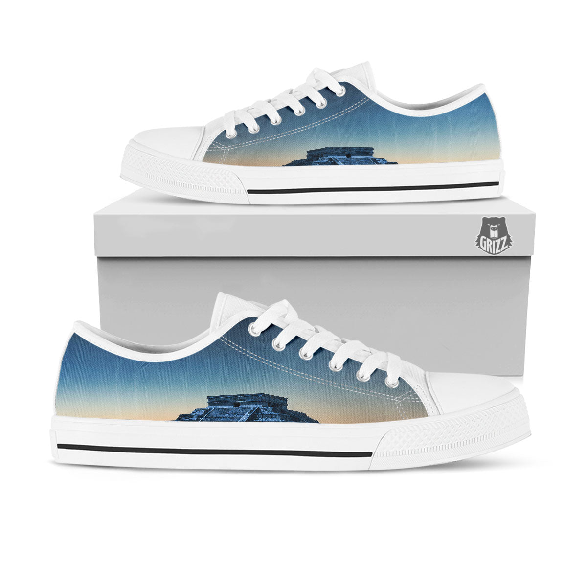 Pyramid Mayan Print White Low Top Shoes-grizzshop