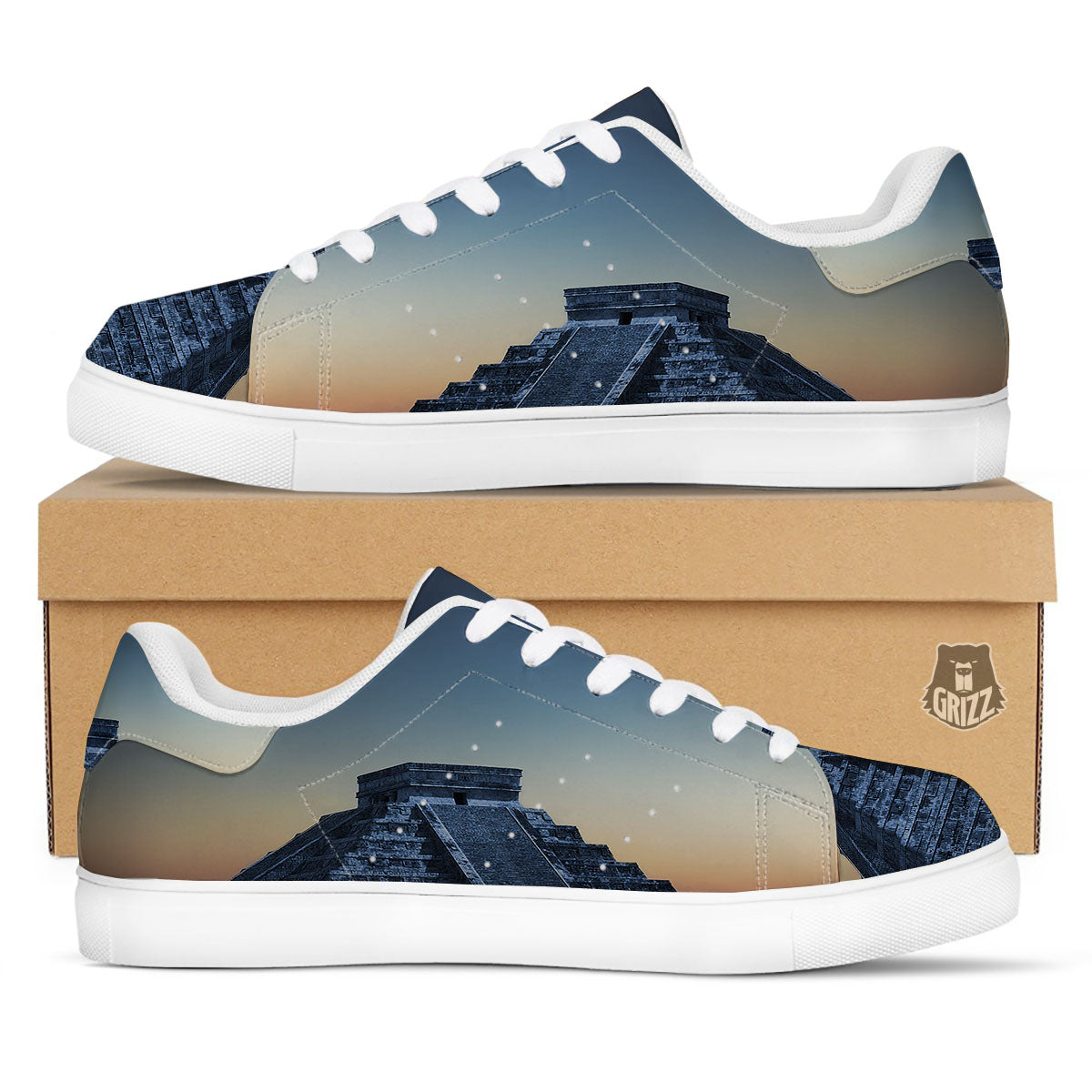 Pyramid Mayan Print White Low Top Sneakers-grizzshop