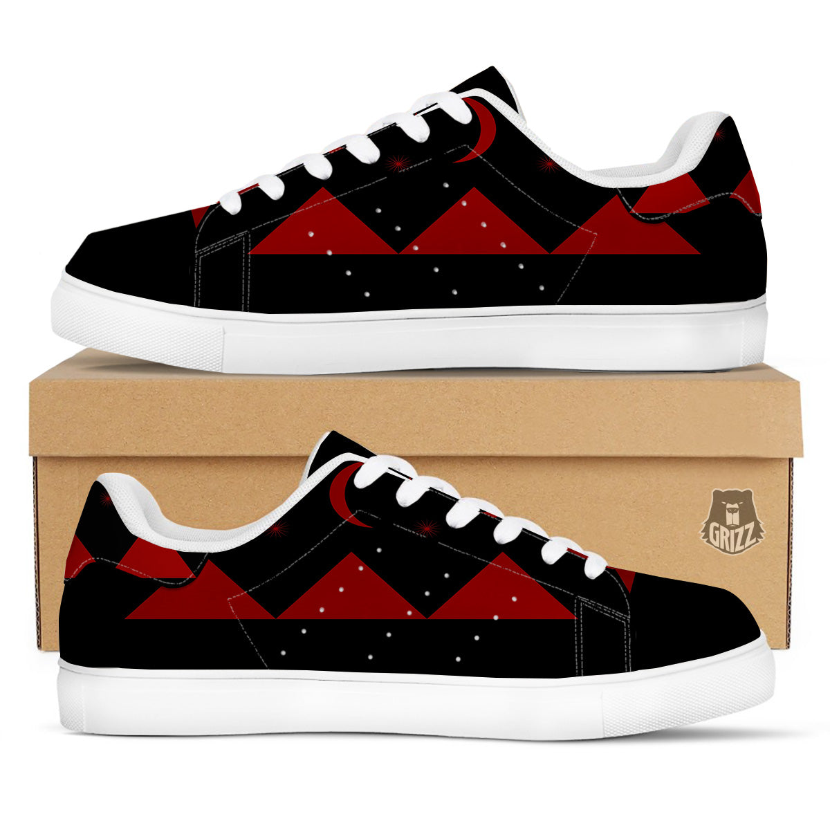 Pyramid Red Moon Print White Low Top Sneakers-grizzshop