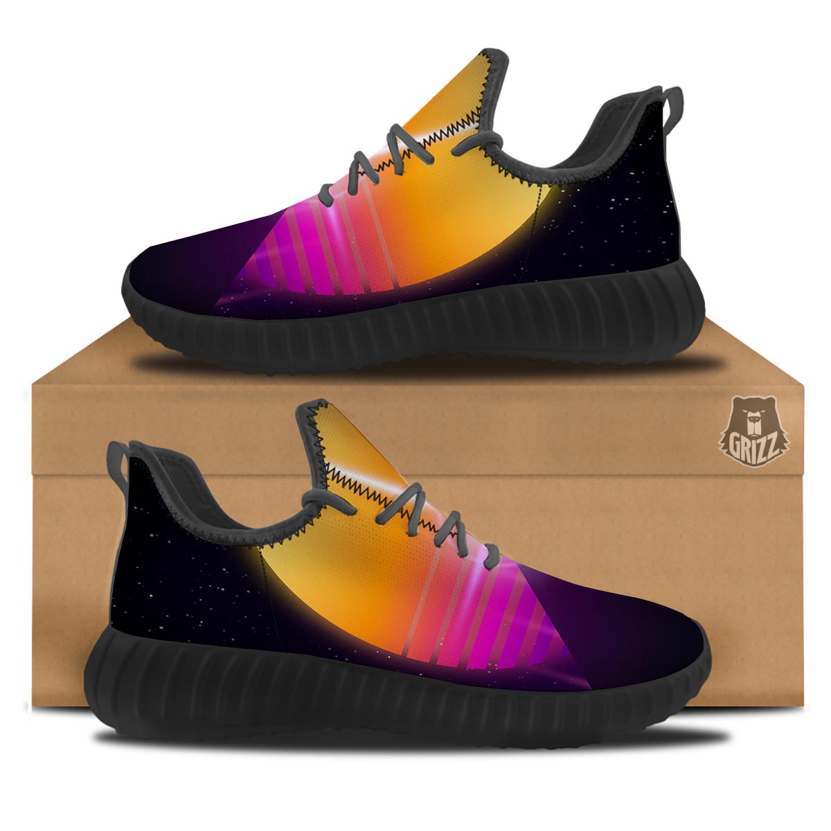 Pyramid Synthwave Print Black Walking Shoes-grizzshop