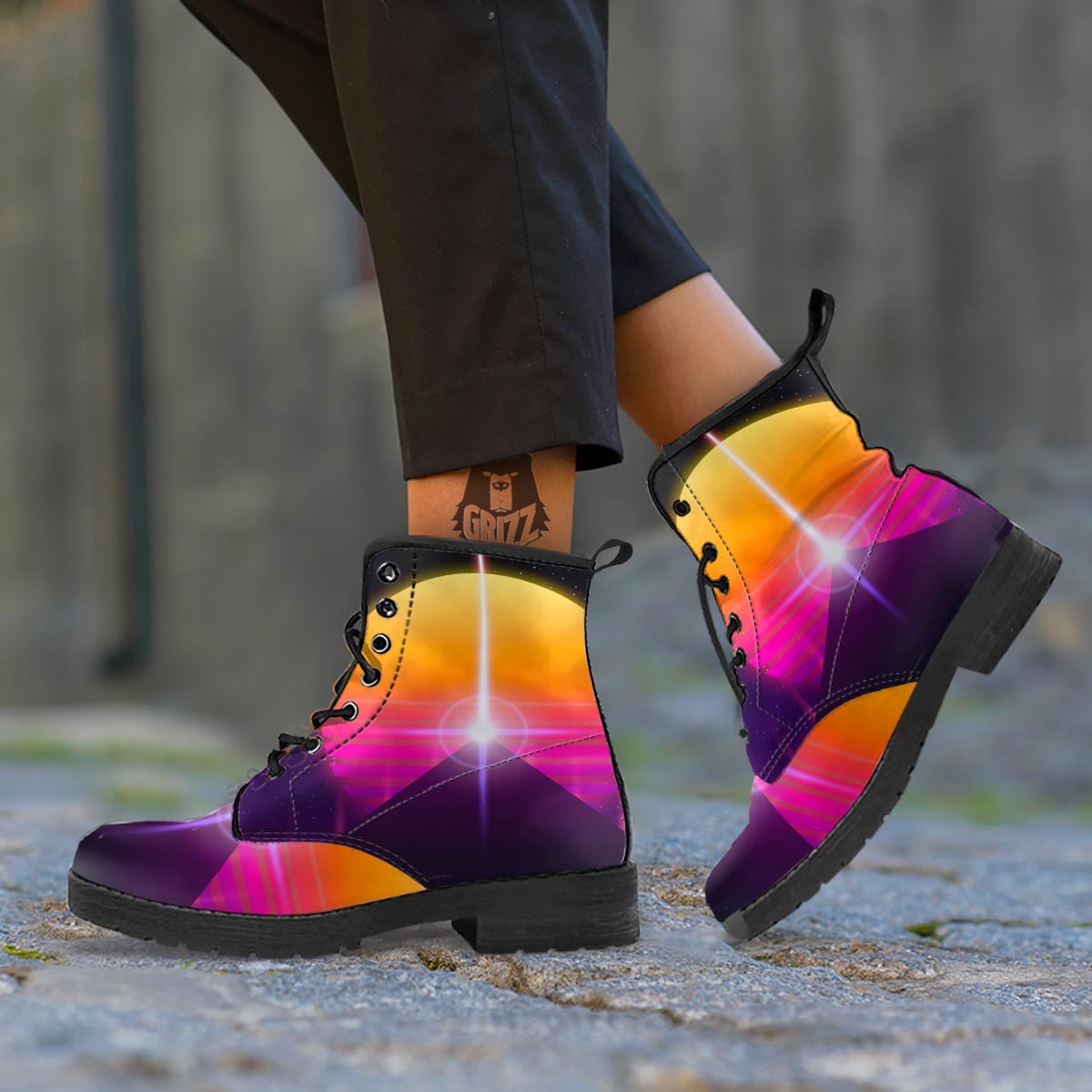 Pyramid Synthwave Print Leather Boots-grizzshop