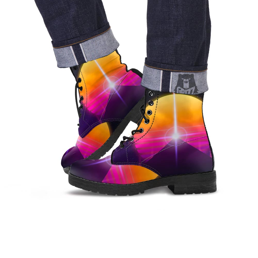 Pyramid Synthwave Print Leather Boots-grizzshop