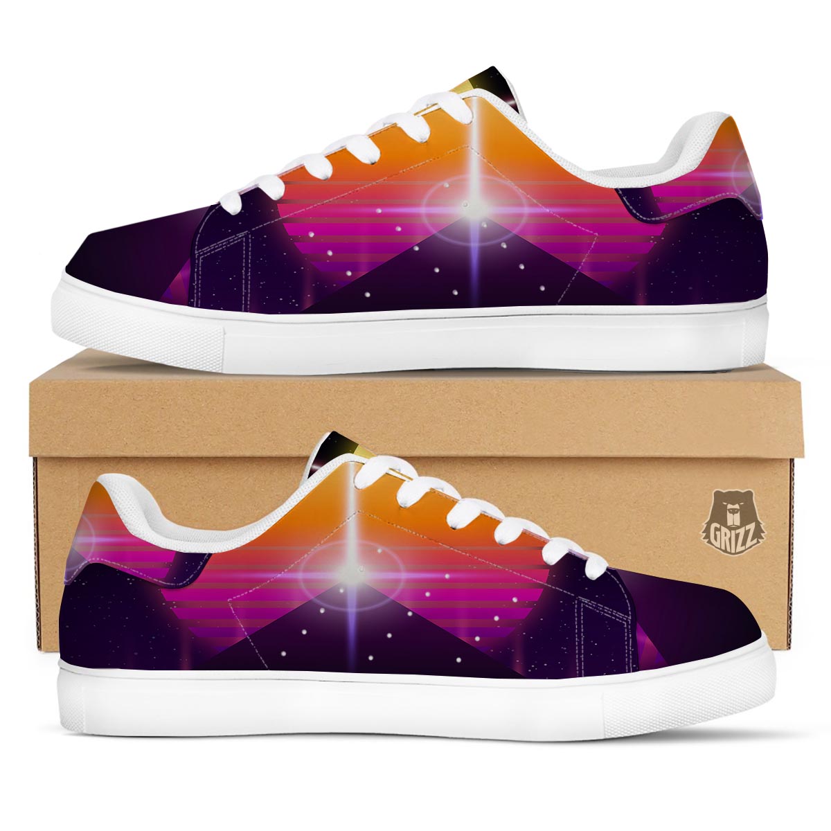 Pyramid Synthwave Print White Low Top Sneakers-grizzshop