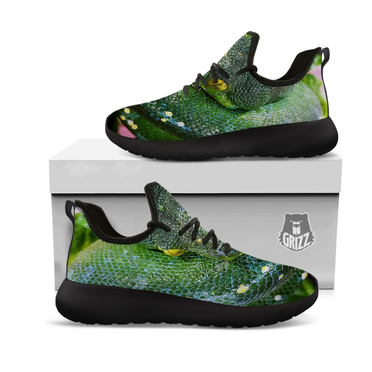 Python Snake Green Reticulated Print Black Athletic Shoes-grizzshop