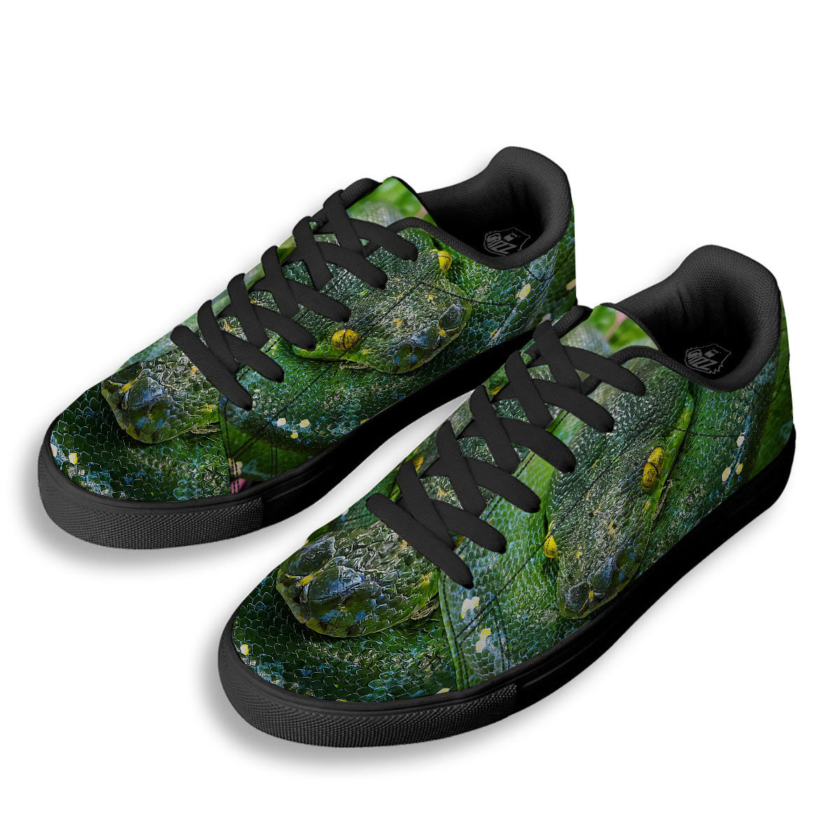 Python Snake Green Reticulated Print Black Low Top Sneakers-grizzshop