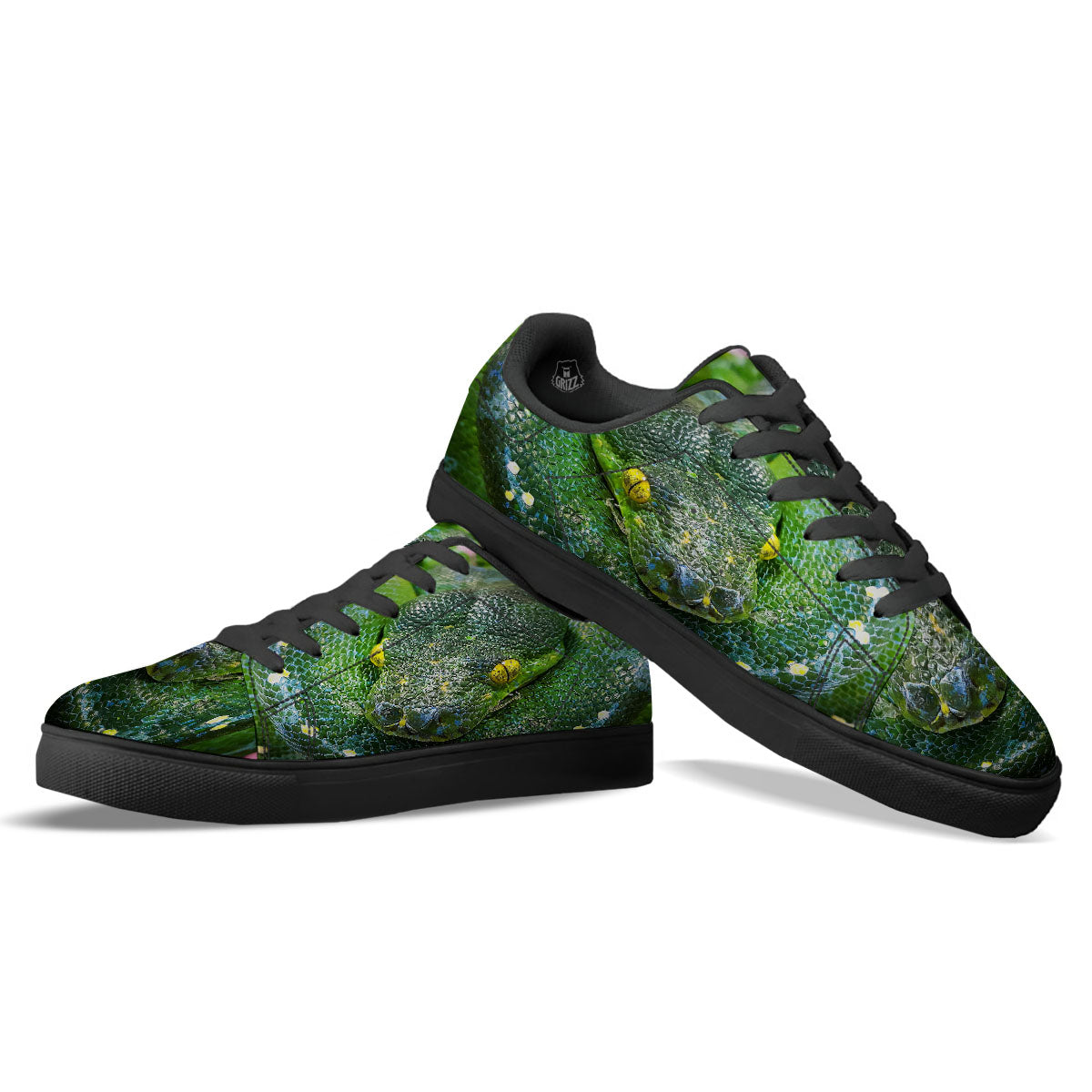 Python Snake Green Reticulated Print Black Low Top Sneakers-grizzshop