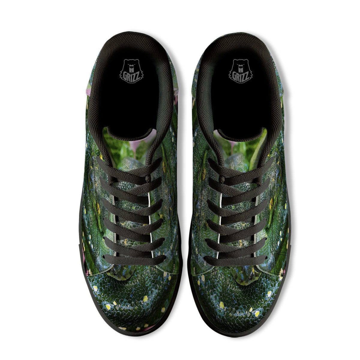 Python Snake Green Reticulated Print Black Low Top Sneakers-grizzshop