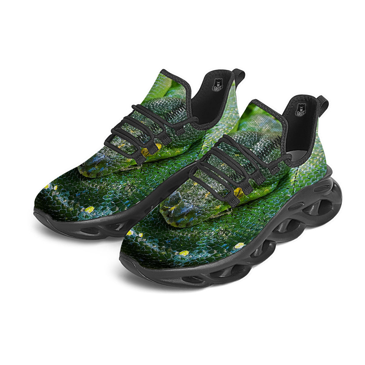 Python Snake Green Reticulated Print Black Running Shoes-grizzshop