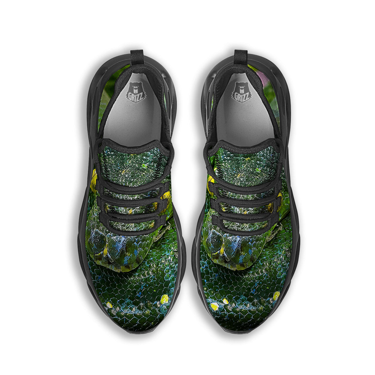 Python Snake Green Reticulated Print Black Running Shoes-grizzshop