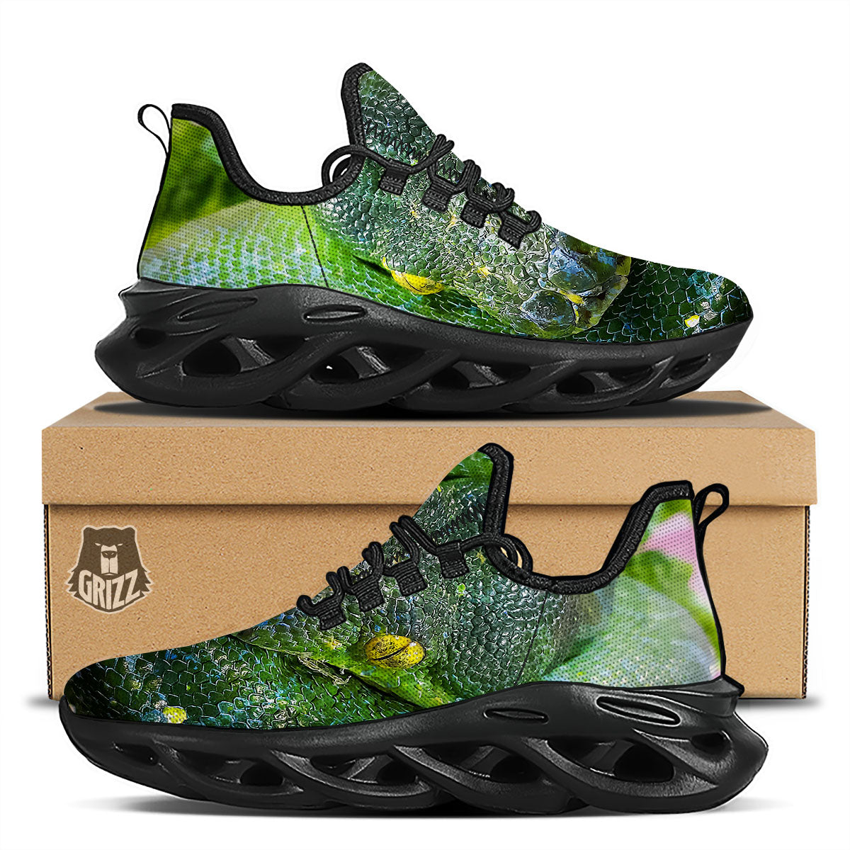 Python Snake Green Reticulated Print Black Running Shoes-grizzshop