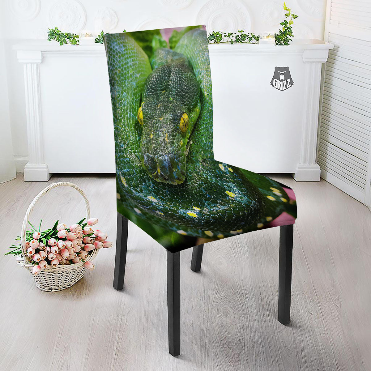 Python Snake Green Reticulated Print Dining Chair Slipcover-grizzshop