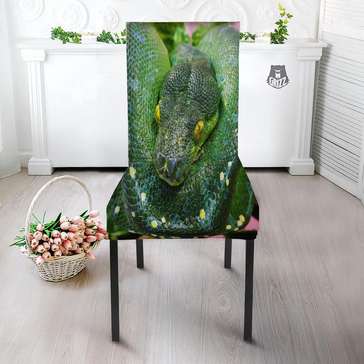Python Snake Green Reticulated Print Dining Chair Slipcover-grizzshop