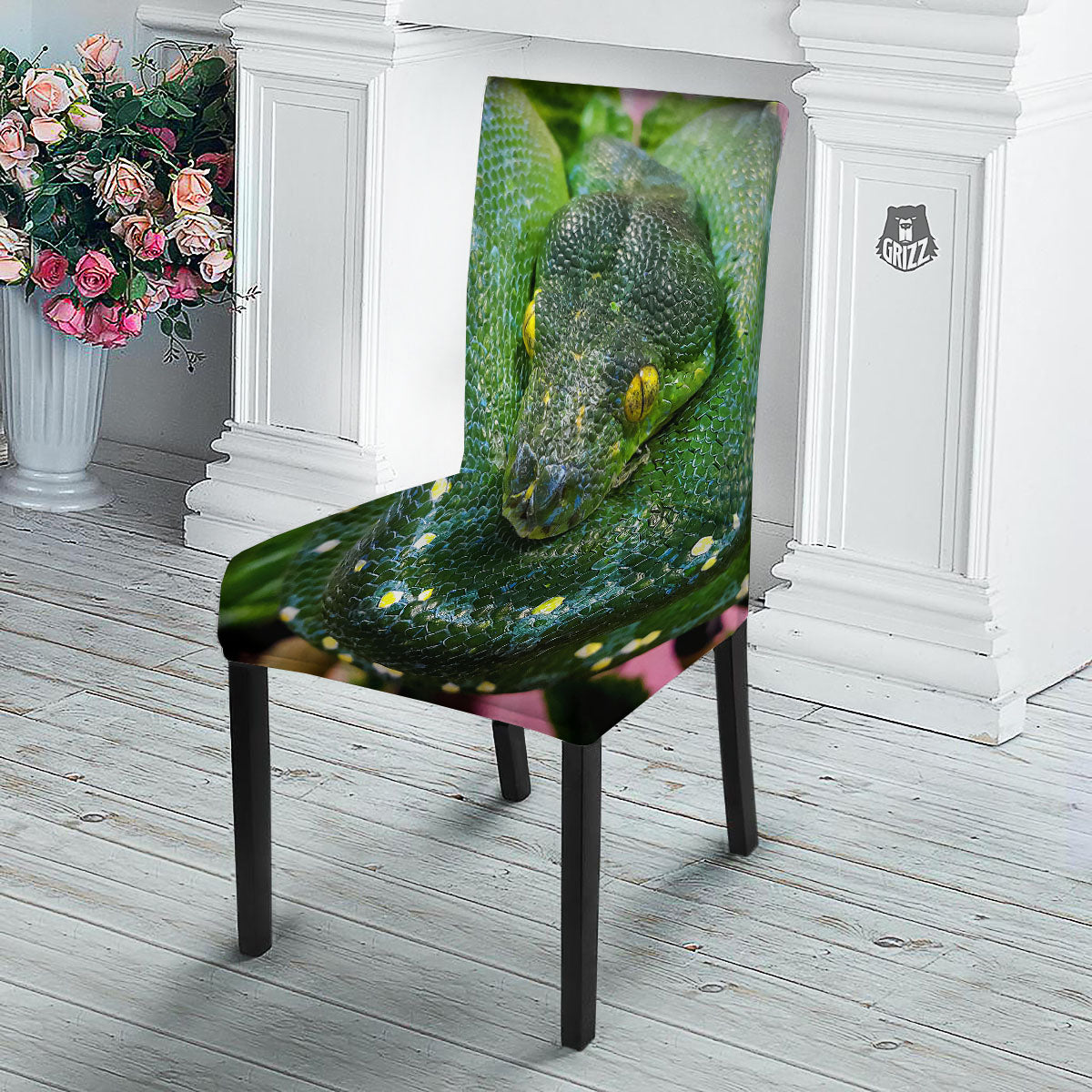 Python Snake Green Reticulated Print Dining Chair Slipcover-grizzshop