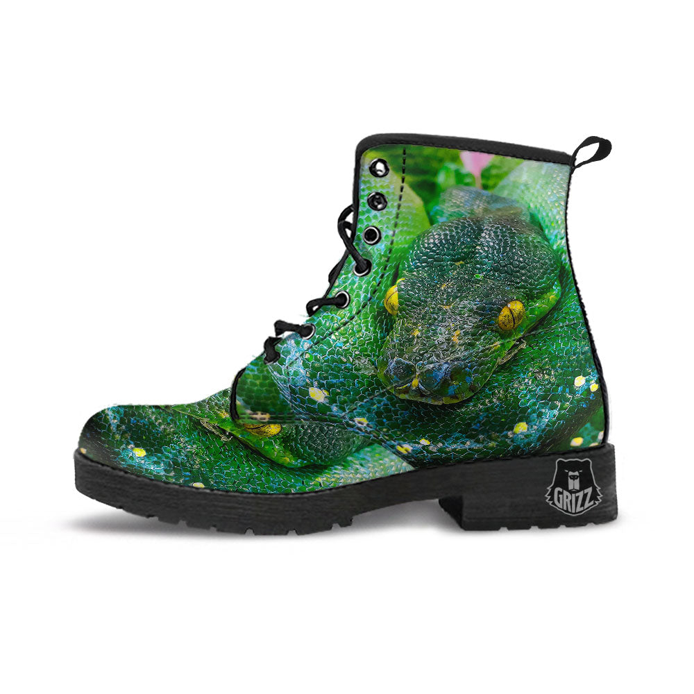 Python Snake Green Reticulated Print Leather Boots-grizzshop