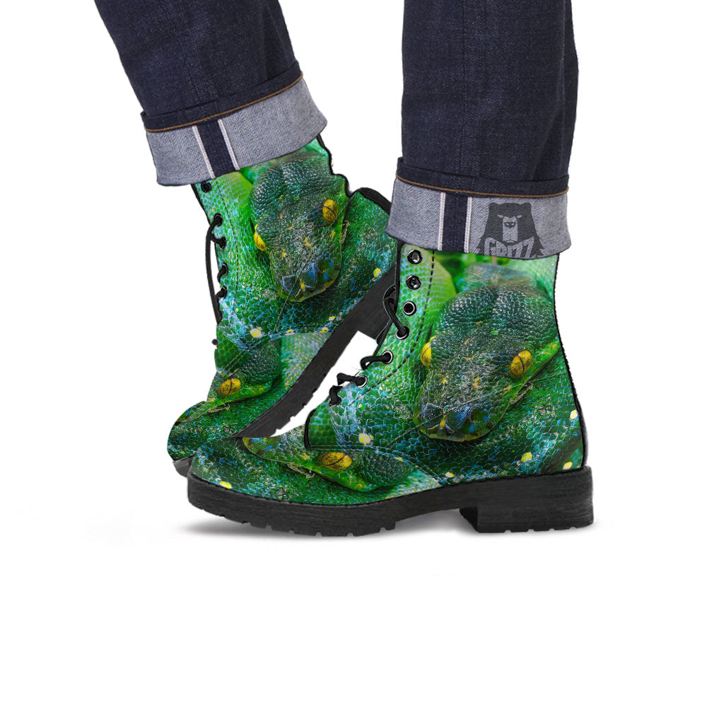 Python Snake Green Reticulated Print Leather Boots-grizzshop