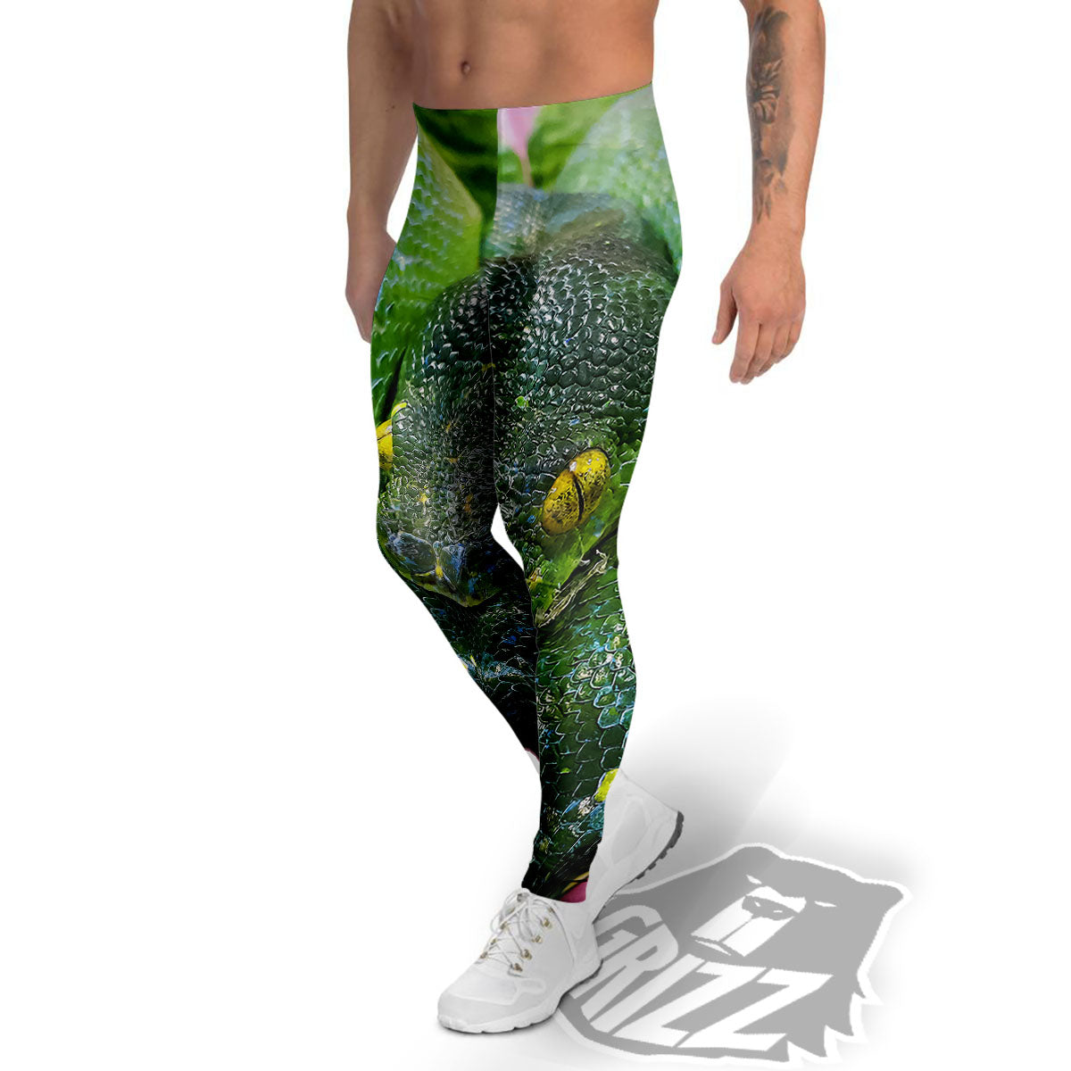 Python Snake Green Reticulated Print Men's Leggings-grizzshop