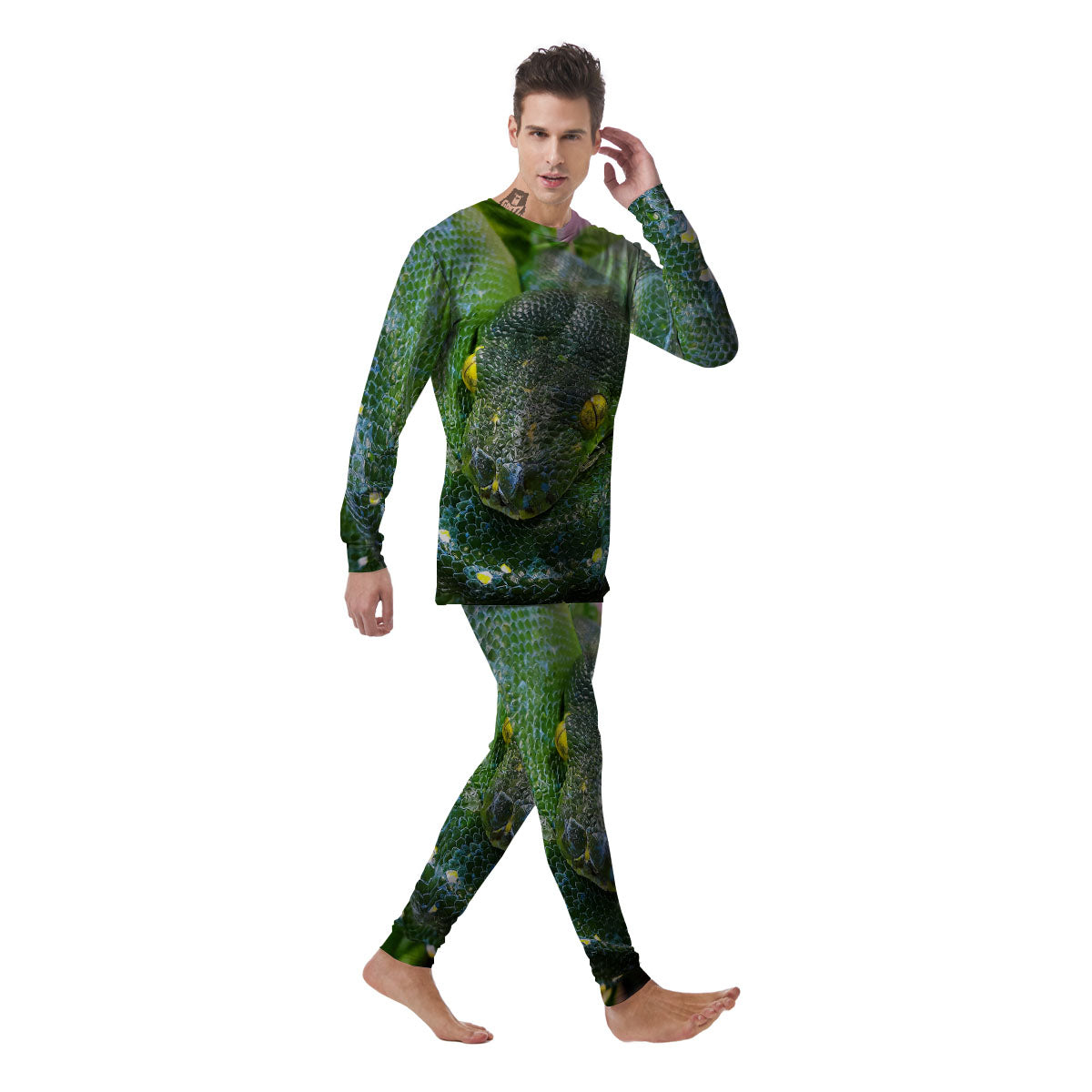 Python Snake Green Reticulated Print Men's Pajamas-grizzshop