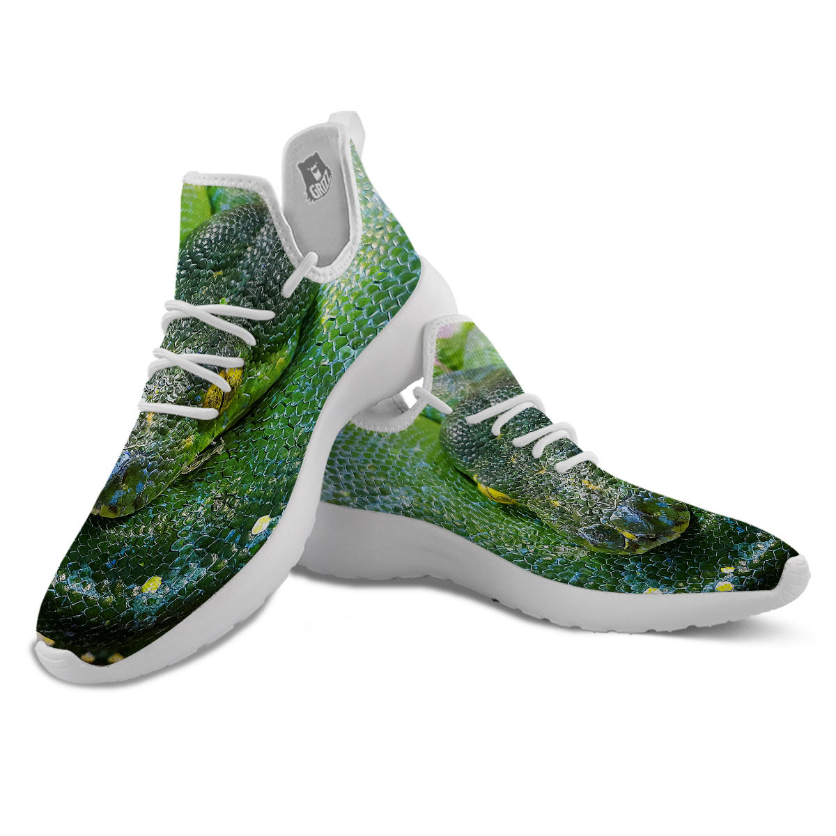 Python Snake Green Reticulated Print White Athletic Shoes-grizzshop