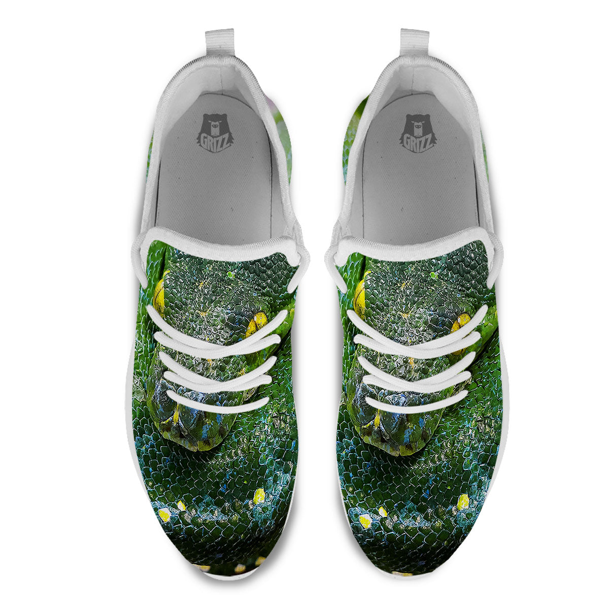 Python Snake Green Reticulated Print White Athletic Shoes-grizzshop