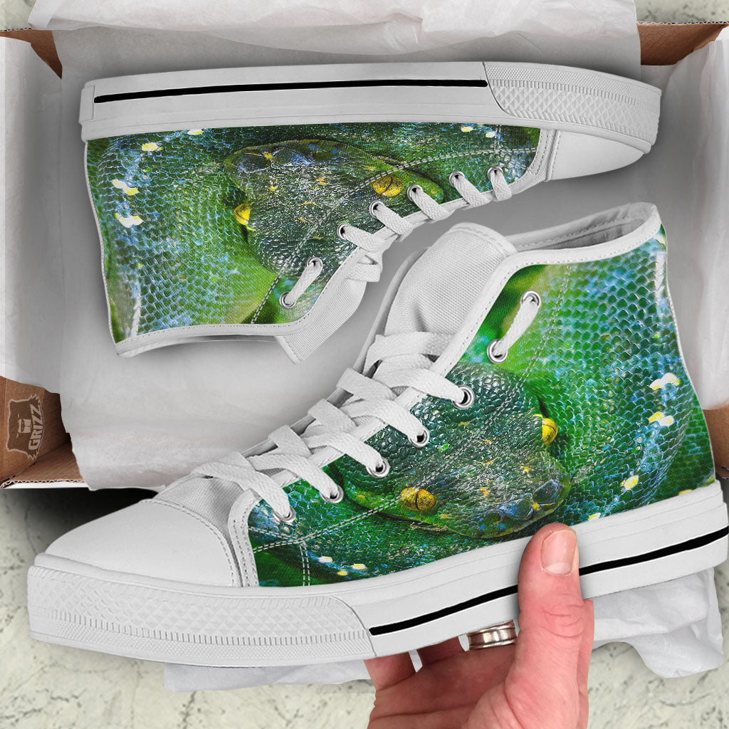 Python Snake Green Reticulated Print White High Top Shoes-grizzshop