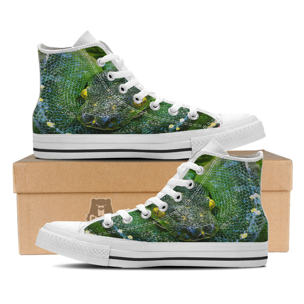 Python Snake Green Reticulated Print White High Top Shoes-grizzshop