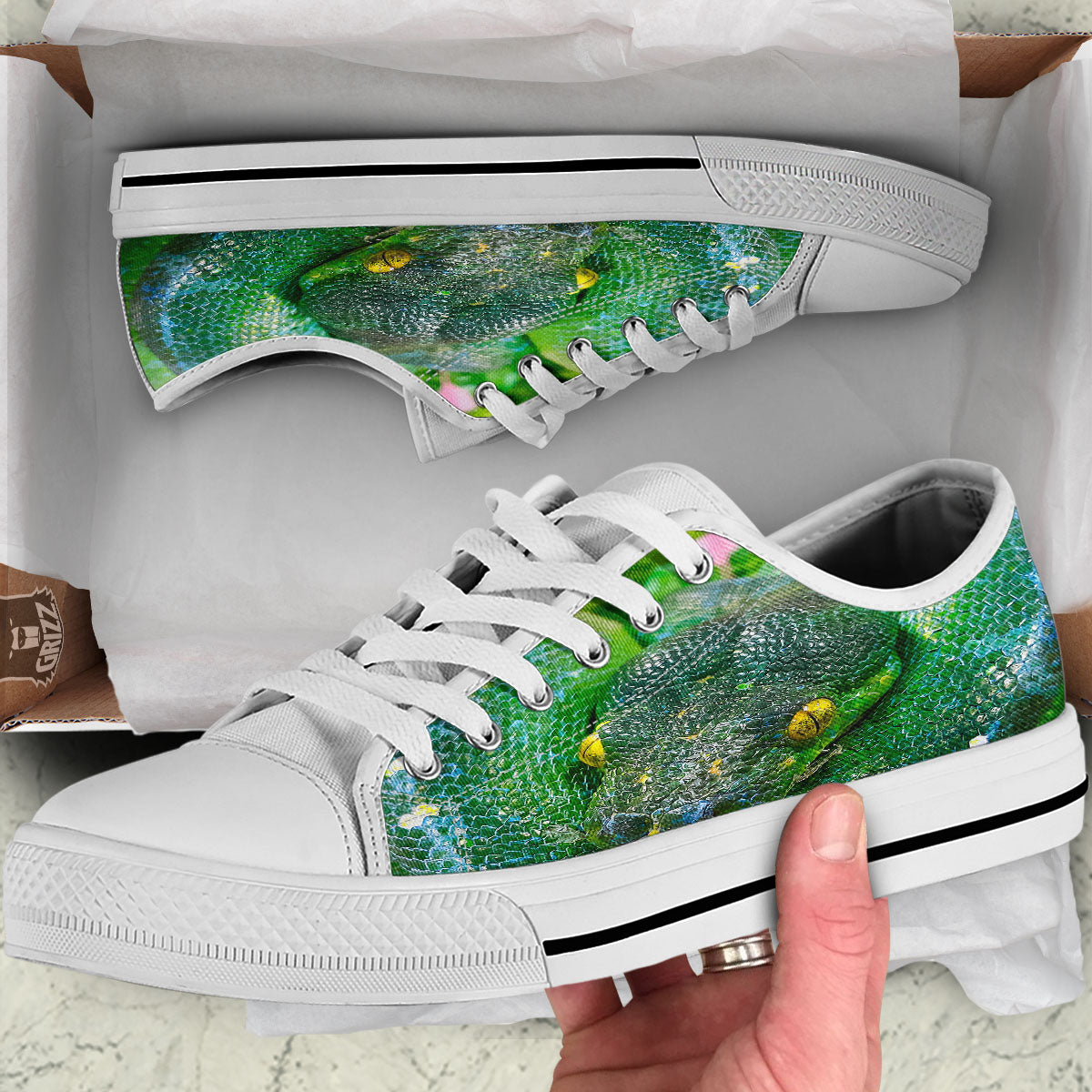 Python Snake Green Reticulated Print White Low Top Shoes-grizzshop