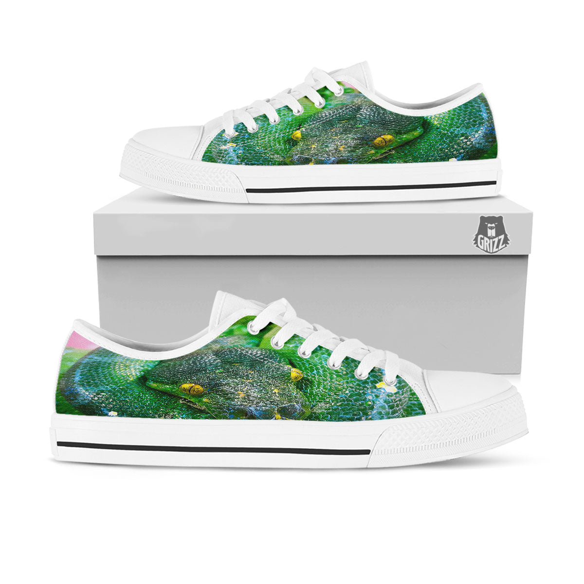 Python Snake Green Reticulated Print White Low Top Shoes-grizzshop