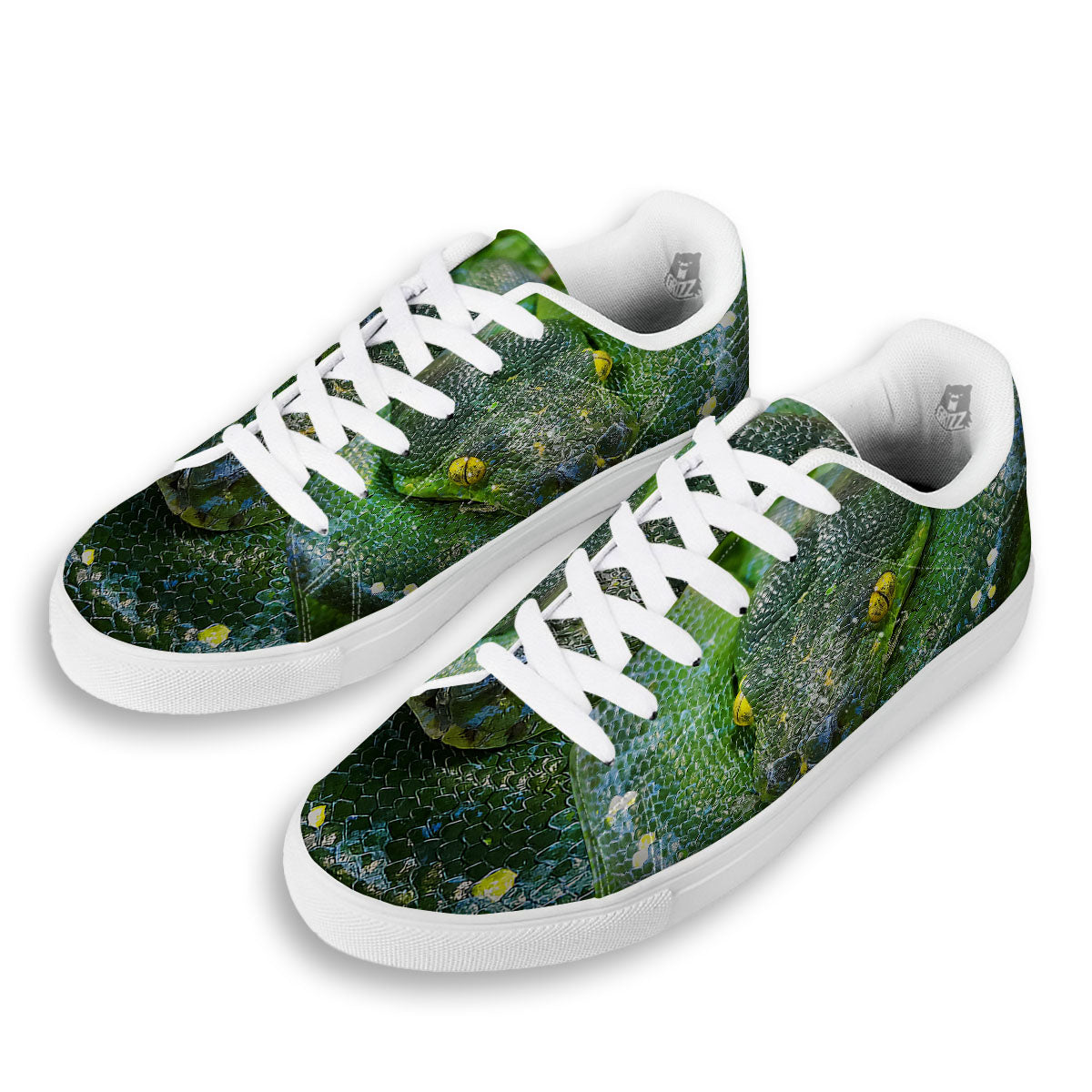 Python Snake Green Reticulated Print White Low Top Sneakers-grizzshop