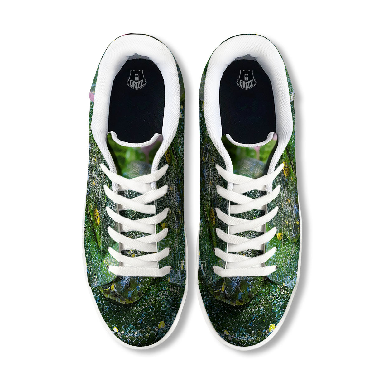 Python Snake Green Reticulated Print White Low Top Sneakers-grizzshop