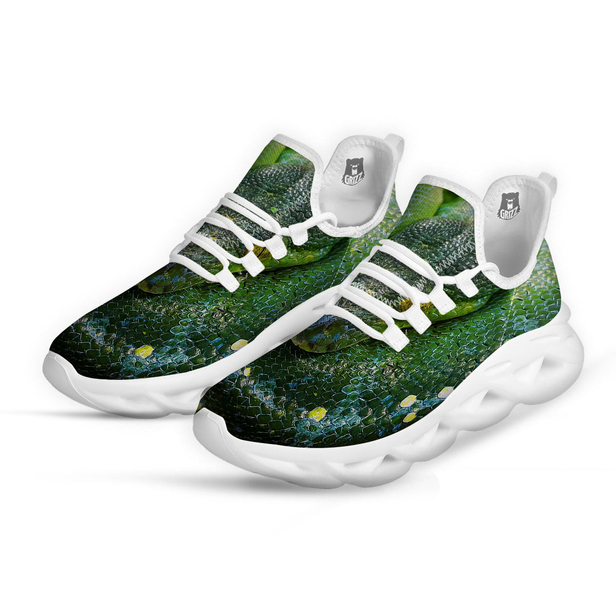 Python Snake Green Reticulated Print White Running Shoes-grizzshop