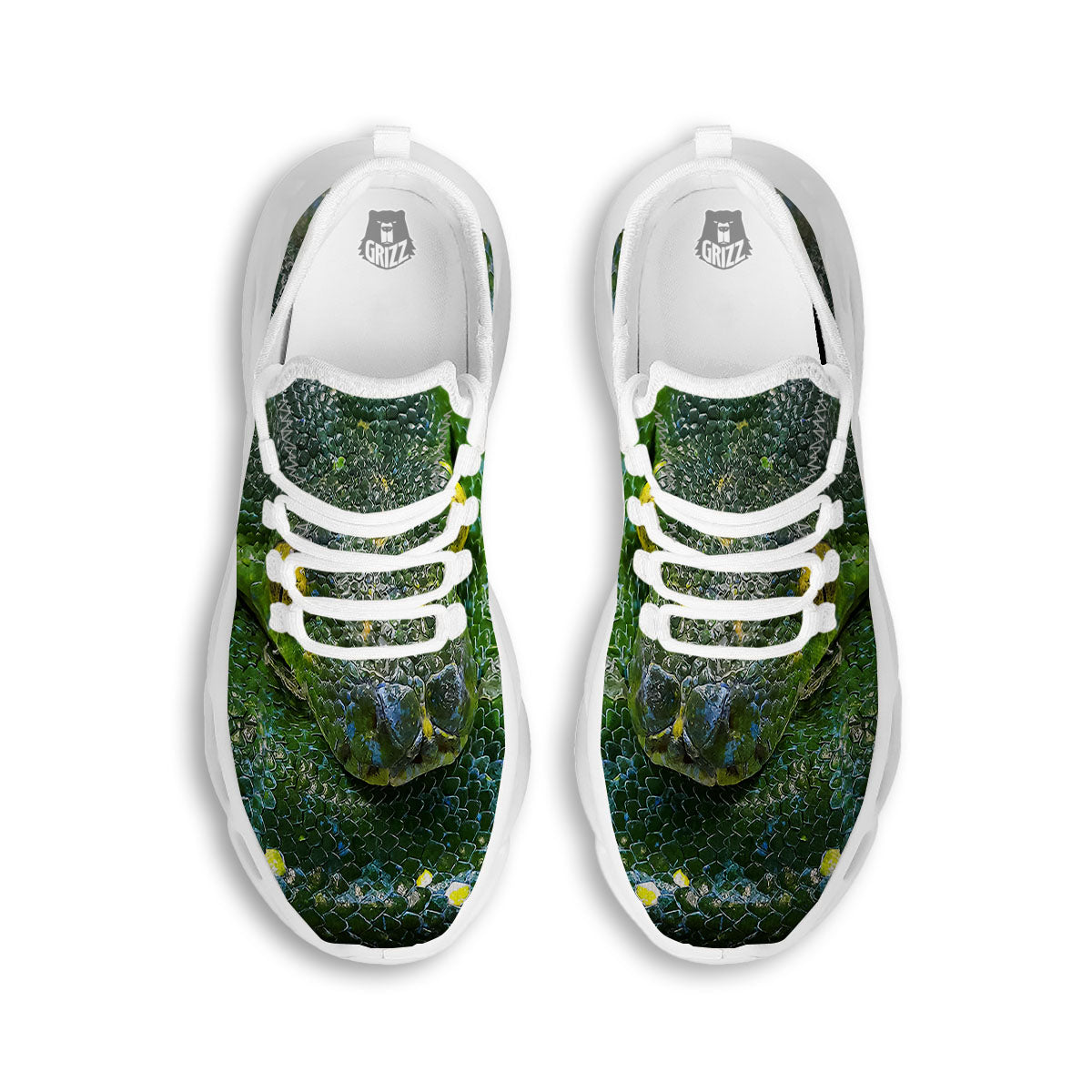 Python Snake Green Reticulated Print White Running Shoes-grizzshop