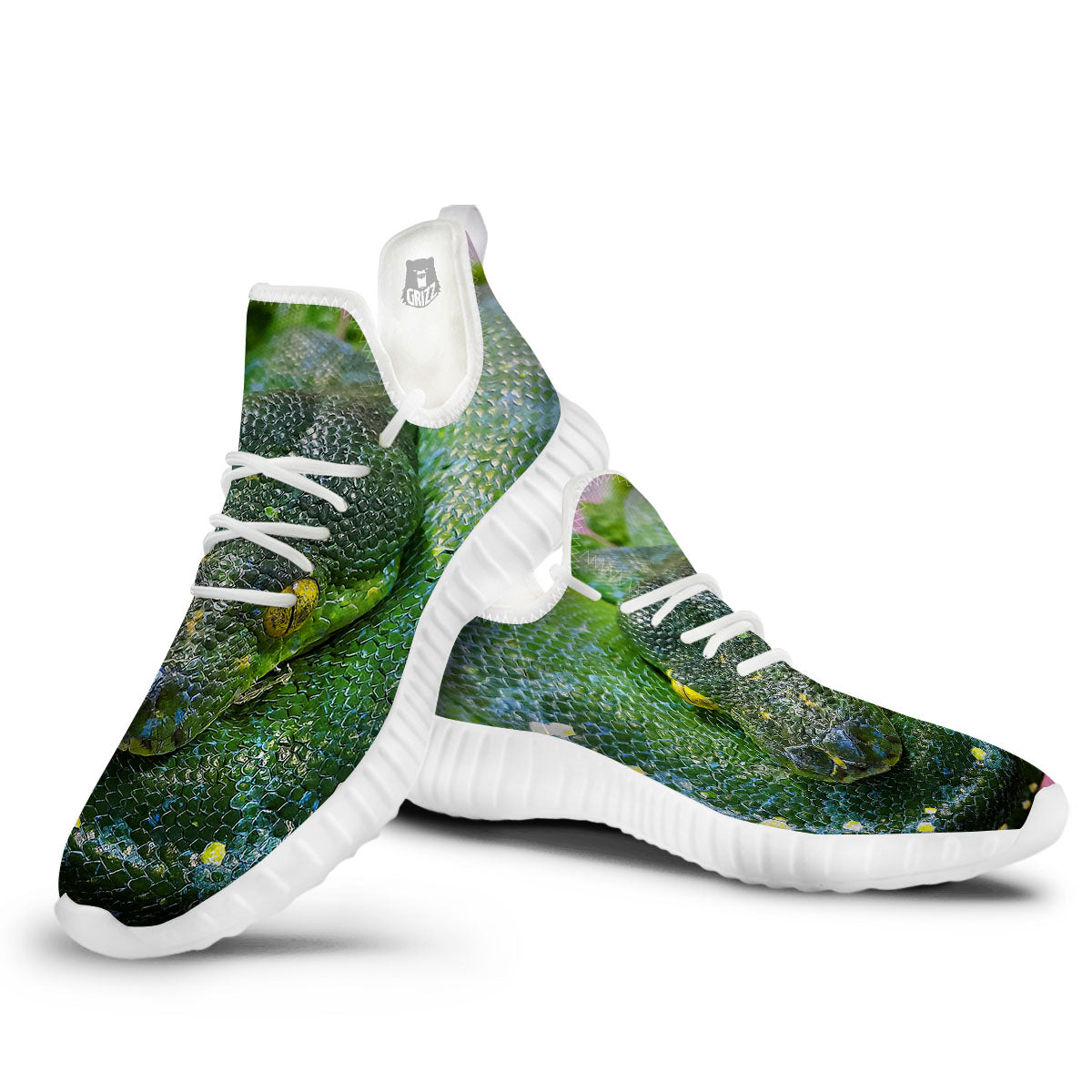 Python Snake Green Reticulated Print White Walking Shoes-grizzshop