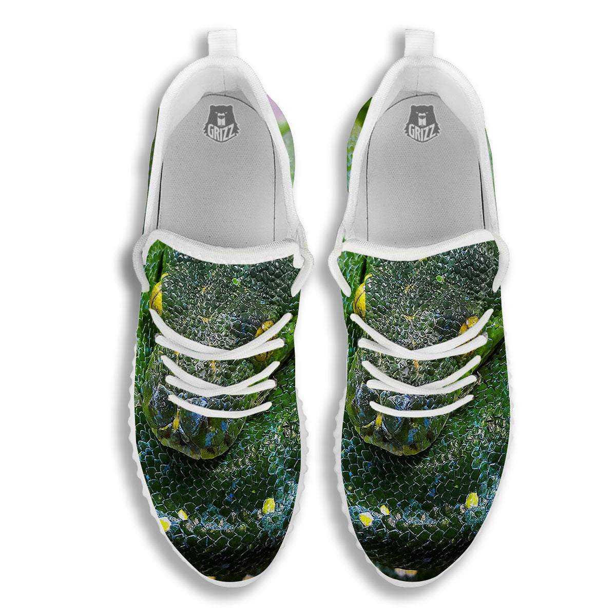 Python Snake Green Reticulated Print White Walking Shoes-grizzshop